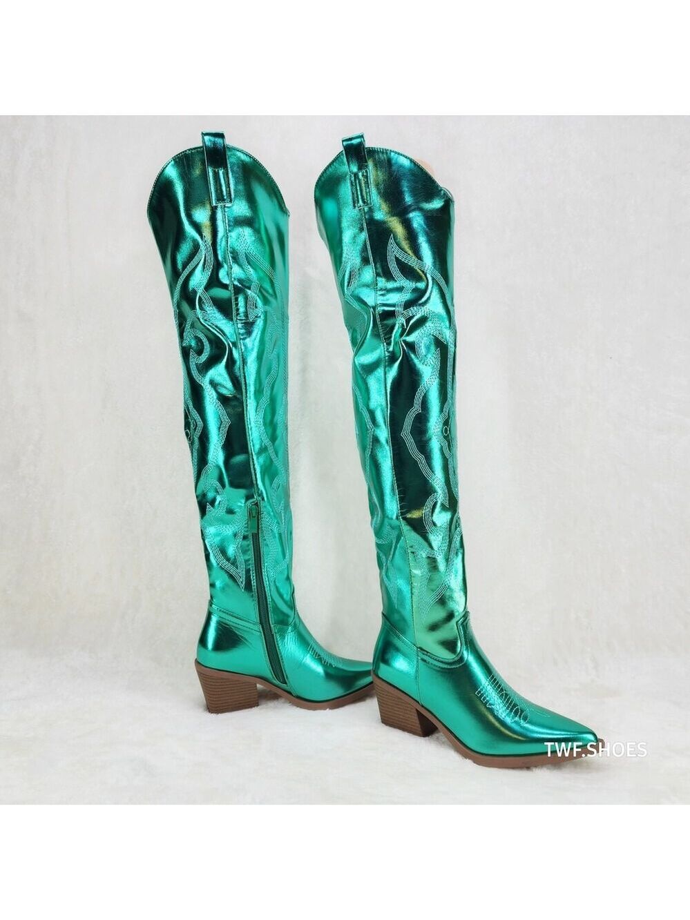 NIB Country Disco Cowboy Metallic Green Western Cowgirl OTK Thigh Boots - Picture 8 of 16